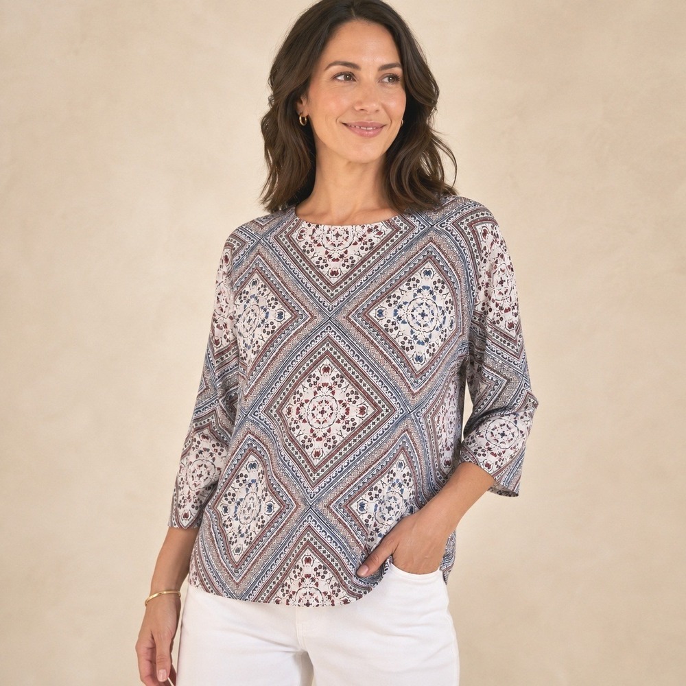 J. Jill Sz Large Medallion Floral Print Top 3/4 Sleeve Rayon Boho Artsy Tunic